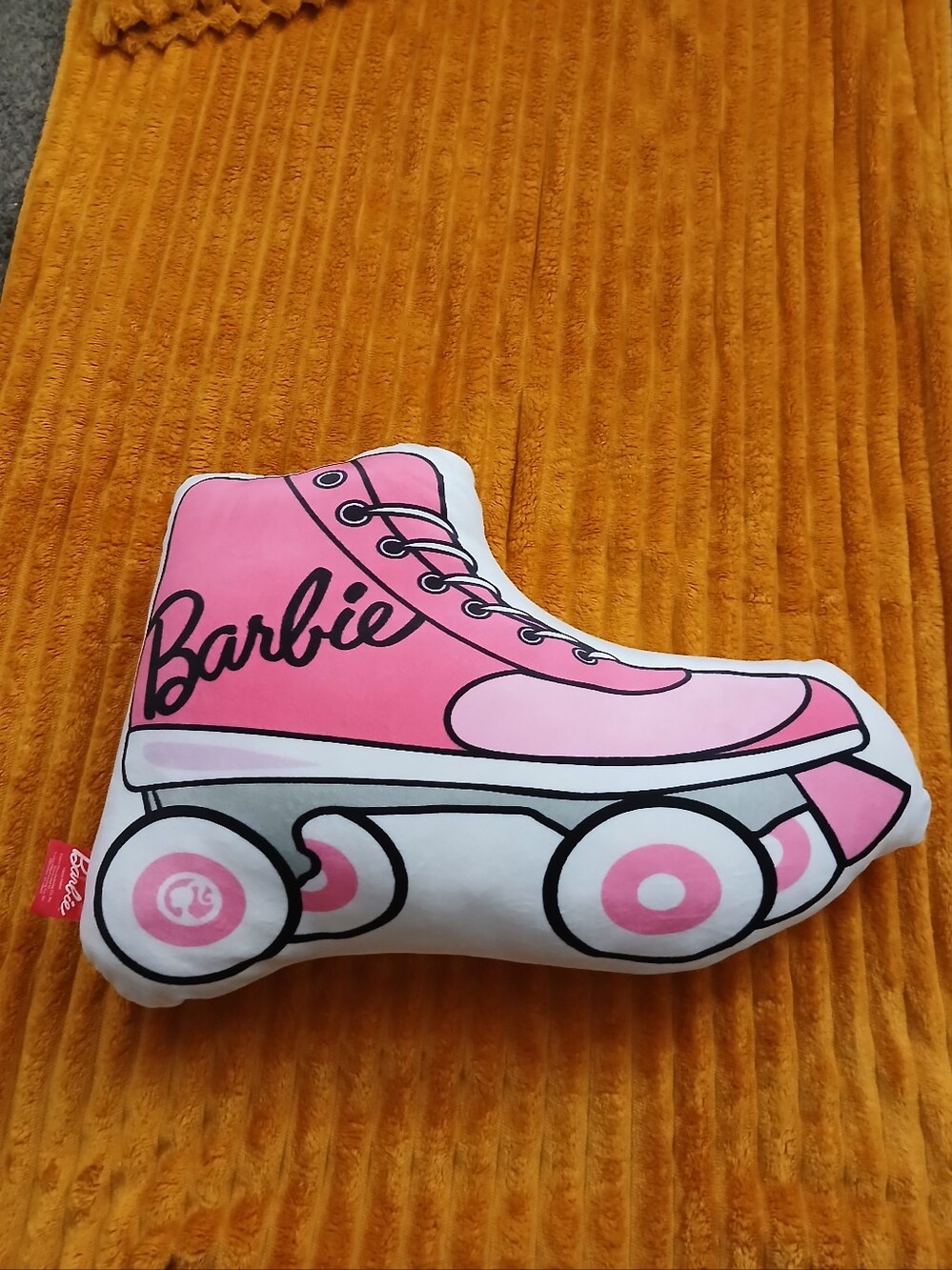 Barbie Pink Roller Skate Plush Pillow Mattel Logo Tag Cute Room Decor
